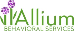 Allium Behavioral Services logo featuring green sans-serif typography with purple globe-shaped flower icons.