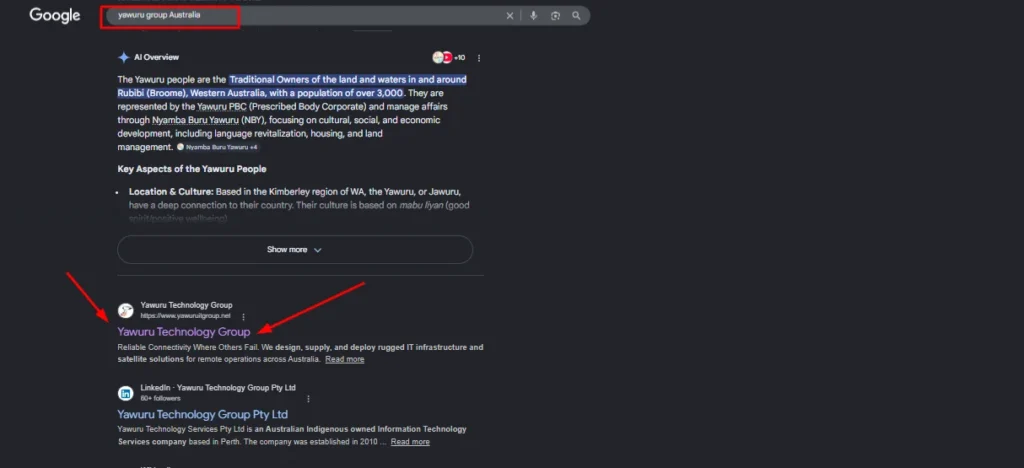 Google search results for Yawuru Technology Group Australia featuring an AI Overview of the Yawuru people and company website link.