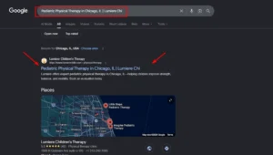 Google search results for pediatric physical therapy in Chicago, IL, showing Lumiere Children's Therapy website ranking and local map pack.