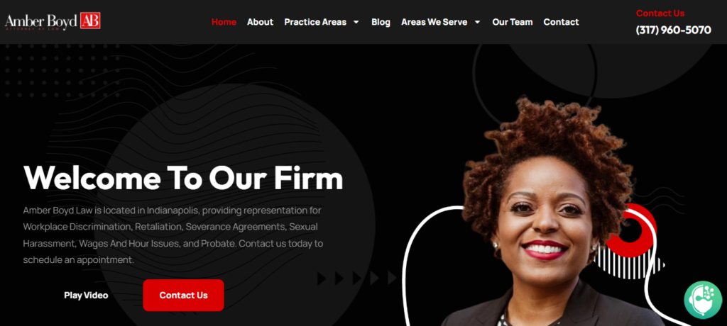 Homepage banner for Amber Boyd Law featuring a professional portrait of Attorney Amber Boyd and the text 'Welcome To Our Firm'