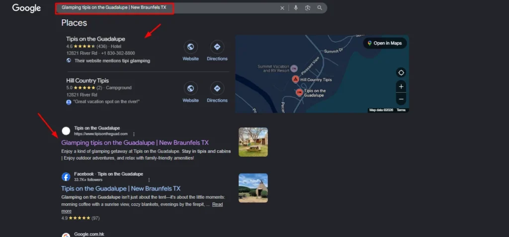 Google search results for glamping tipis on the Guadalupe River in New Braunfels, Texas, showing business listings and map location.