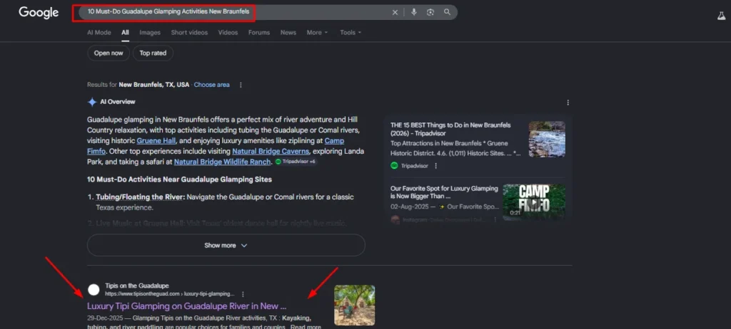 Google search results for "10 Must-Do Guadalupe Glamping Activities New Braunfels" featuring an AI Overview of river activities and the Tipis on the Guadalupe website listing.