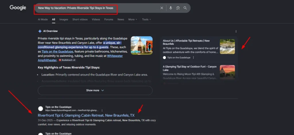 Google search results for private riverside tipi stays in Texas, featuring Tipis on the Guadalupe riverfront glamping and cabin retreats in New Braunfels.