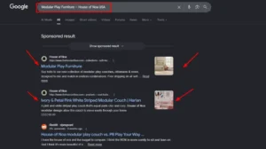 Google Search results for "Modular Play Furniture – House of Noa USA" showing top organic rankings and product snippets for modular couches.