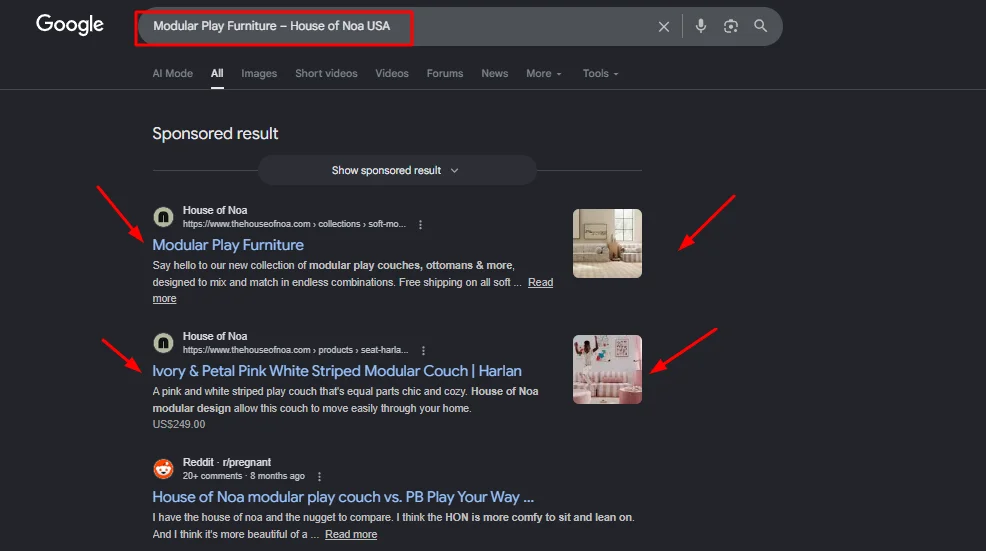 Google Search results for "Modular Play Furniture – House of Noa USA" showing top organic rankings and product snippets for modular couches.