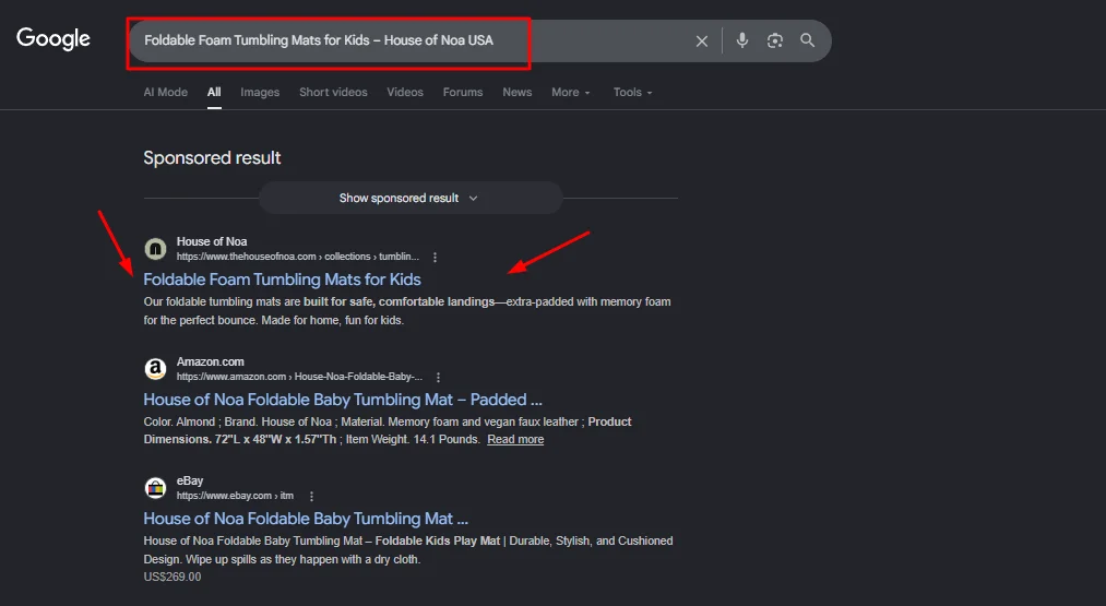 Google Search engine results page for "Foldable Foam Tumbling Mats for Kids – House of Noa USA" with House of Noa ranking in the top organic position above Amazon and eBay listings.