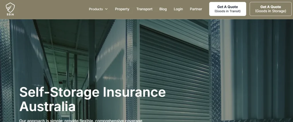 Self Storage Insurance Australia website hero banner showing secure storage unit facility with roller doors