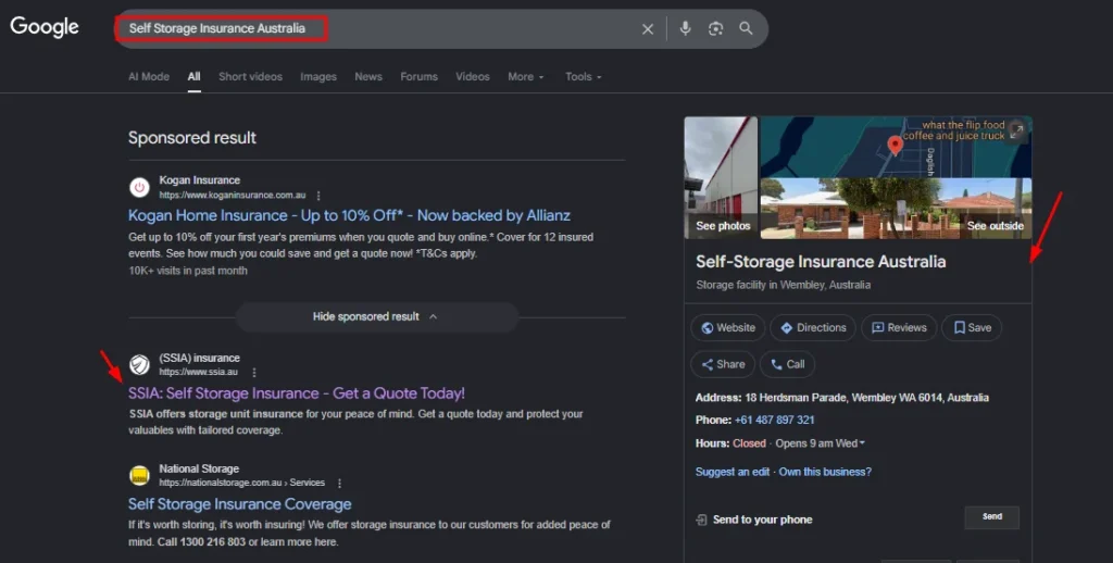 Google Search results for "Self Storage Insurance Australia" showing SSIA website ranking and Google Business Profile listing
