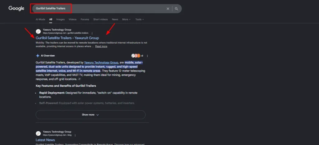 Google search results for Gurlibil Satellite Trailers by Yawuru Technology Group showing AI Overview of mobile solar-powered satellite units.