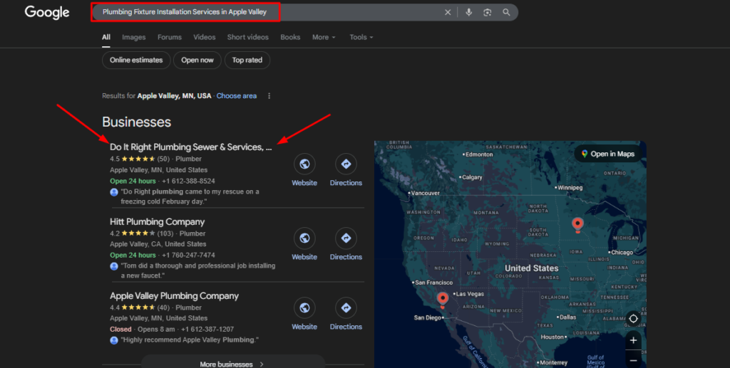 Google Maps local business rankings for Plumbing Fixture Installation Services in Apple Valley MN featuring Do It Right Plumbing Sewer & Services.