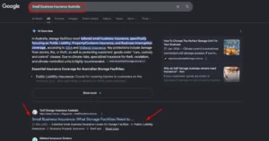 Google search results for "Small Business Insurance Australia" featuring AI Overview and Self Storage Insurance Australia blog ranking