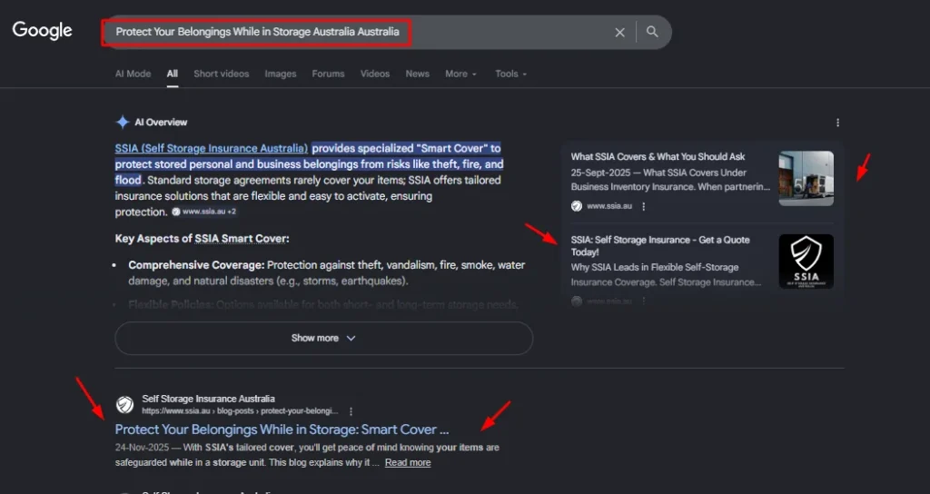 Google search results for "Protect Your Belongings While in Storage Australia" showing SSIA AI Overview and Smart Cover blog ranking