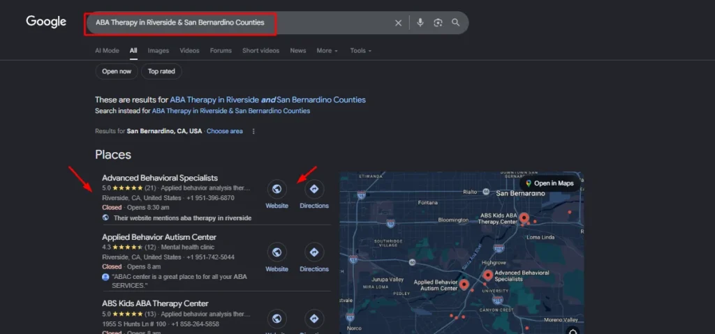 Screenshot of a Google Places search for ABA Therapy showing Advanced Behavioral Specialists as a top-rated result in Riverside, CA.