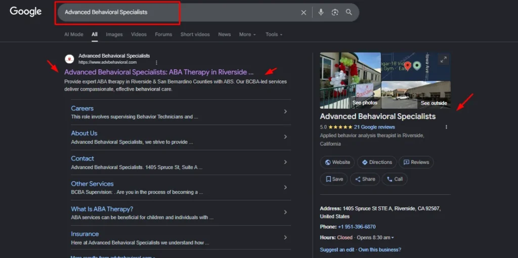 Screenshot of Google search rankings and local knowledge panel for Advanced Behavioral Specialists, highlighting their BCBA-led ABA therapy services in Riverside and San Bernardino.