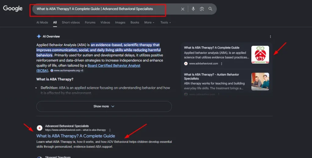 Google Search results and AI Overview for "What is ABA Therapy" featuring Advanced Behavioral Specialists' complete guide and brand logo.