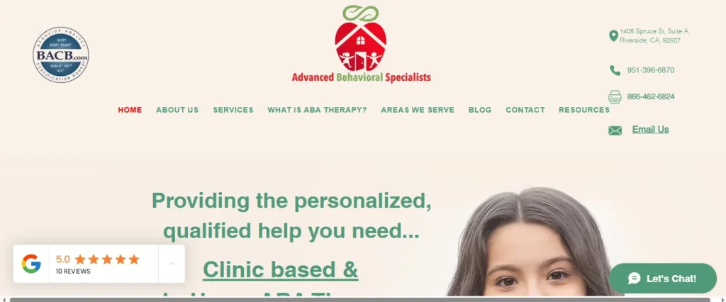 Advanced Behavioral Specialists website homepage featuring ABA therapy services, BACB certification, and a 5-star Google review rating in Riverside, CA.