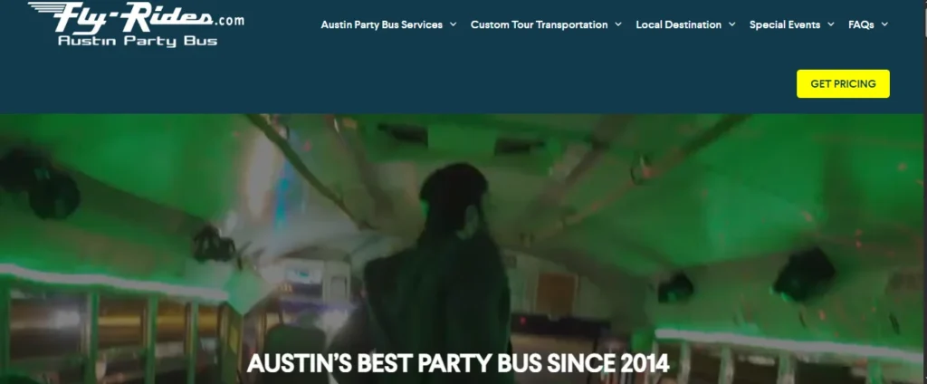 Fly-Rides Austin Party Bus interior with green lighting - Best party bus rental services in Austin Texas since 2014.