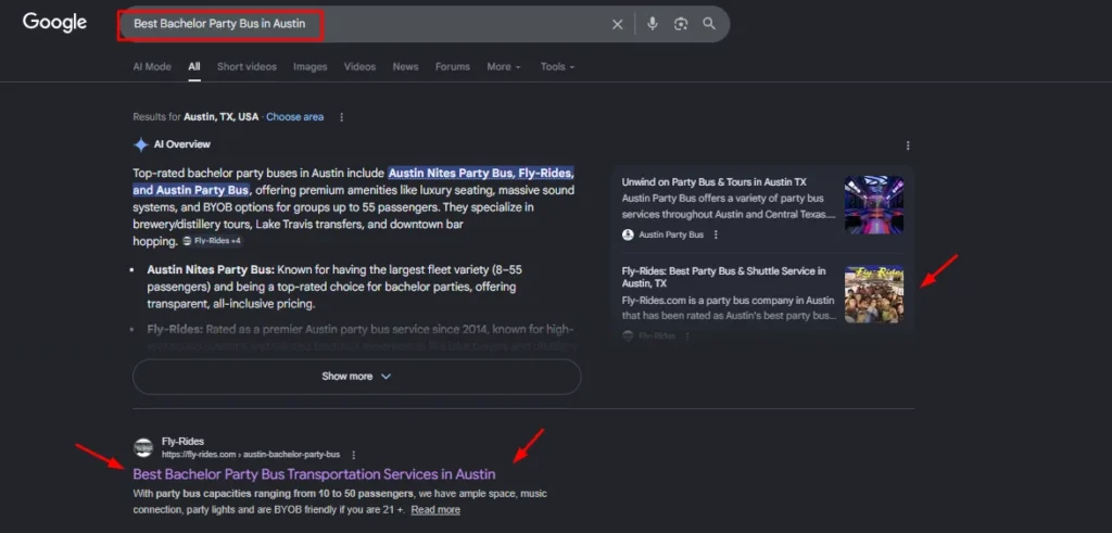Google search results for "Best Bachelor Party Bus in Austin" featuring Fly-Rides ranking in AI Overview and organic listings.