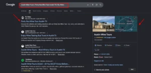 Screenshot of Google SERP for party bus wine tours in Austin, TX, featuring the Fly-Rides website in the number one organic position and a Google Business Profile sidebar.