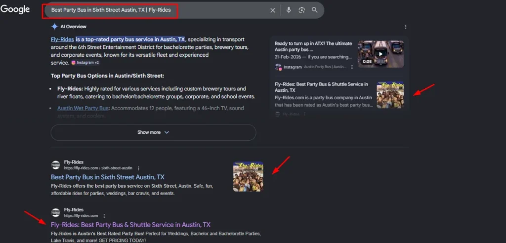 Google search results for "Best Party Bus in Sixth Street Austin, TX" showing Fly-Rides featured in the AI Overview and holding multiple top organic rankings.