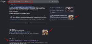 Google search results for "Best Party Bus in Sixth Street Austin, TX" showing Fly-Rides featured in the AI Overview and holding multiple top organic rankings.