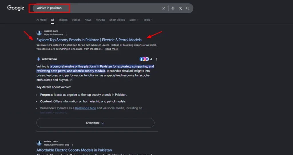 Google Search results showing Volnivo as a top platform for electric and petrol scooty brands in Pakistan.