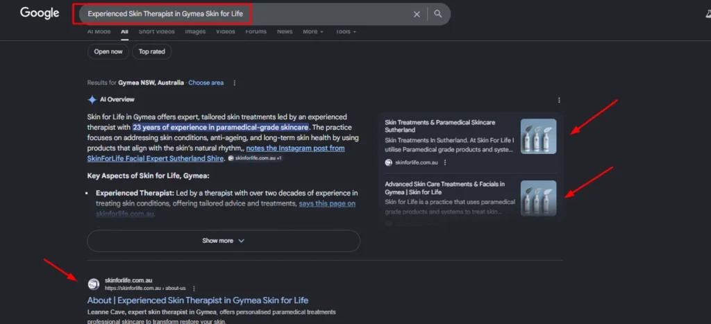 Google Search results for "Experienced Skin Therapist in Gymea Skin for Life" showing an AI Overview and top organic rankings.