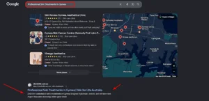 Google search results for "Professional Skin Treatments in Gymea" showing Skin for Life Australia ranking in organic results.