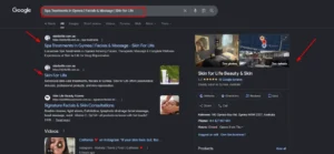 Google search results for "Spa Treatments in Gymea" featuring Skin for Life's organic ranking and Google Business Profile knowledge panel.