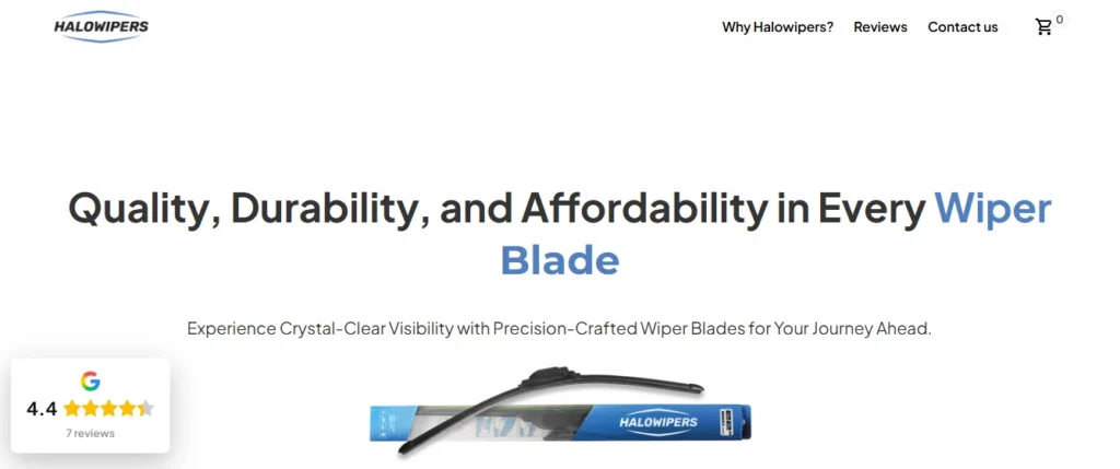 HaloWipers premium wiper blade packaging and product with Google 4.4-star rating badge and high-visibility slogan.