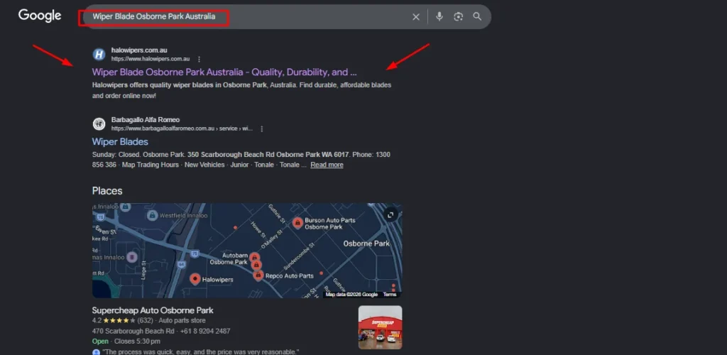 Google search results for Wiper Blade Osborne Park Australia showing HaloWipers ranking as the top organic result above the local map pack.
