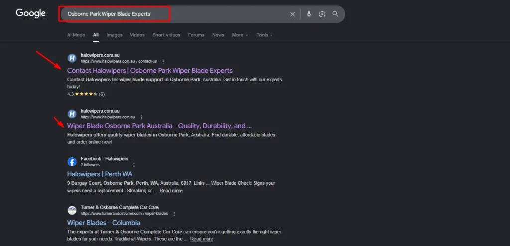 Google search results for 'Osborne Park Wiper Blade Experts' showing HaloWipers occupying the top two organic positions and a Facebook brand page link.