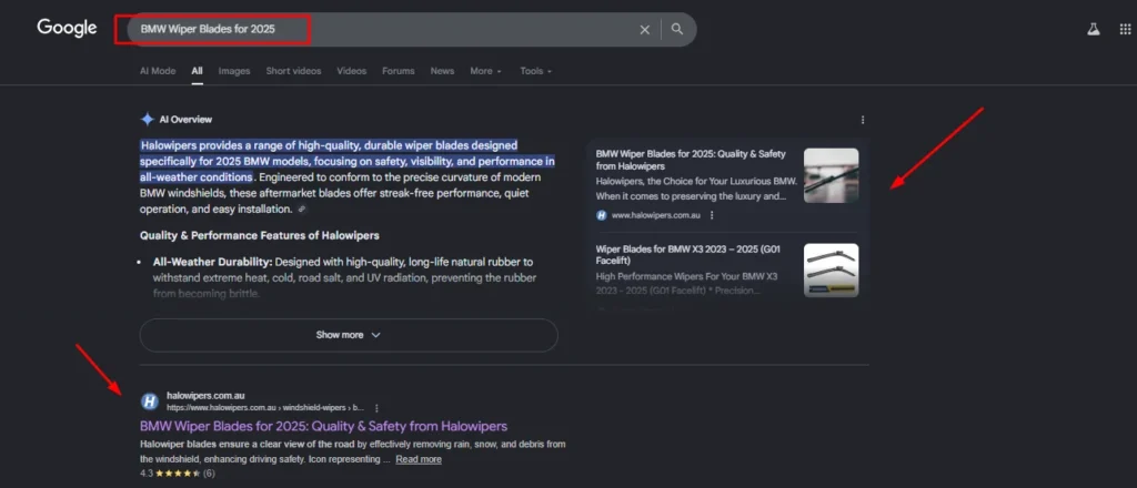 Google AI Overview and organic search result for 'BMW Wiper Blades for 2025' featuring HaloWipers as the primary source and top-ranked website.