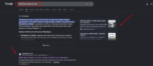 Google AI Overview and organic search result for 'BMW Wiper Blades for 2025' featuring HaloWipers as the primary source and top-ranked website.