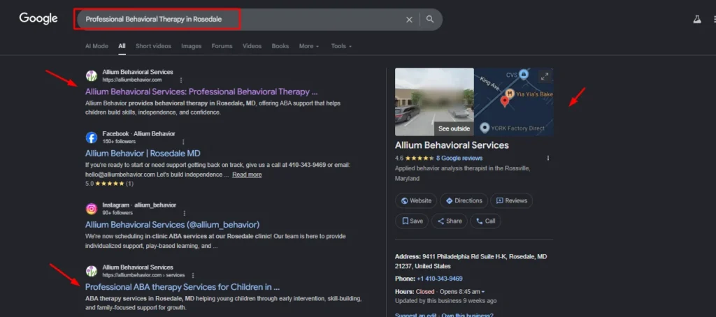 Google search results page for "Professional Behavioral Therapy in Rosedale" showing Allium Behavioral Services website listings and Google Business Profile.