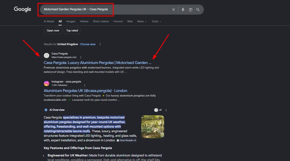 Google search results for 'Motorised Garden Pergolas UK' showing Casa Pergola website ranking and AI Overview snippet.