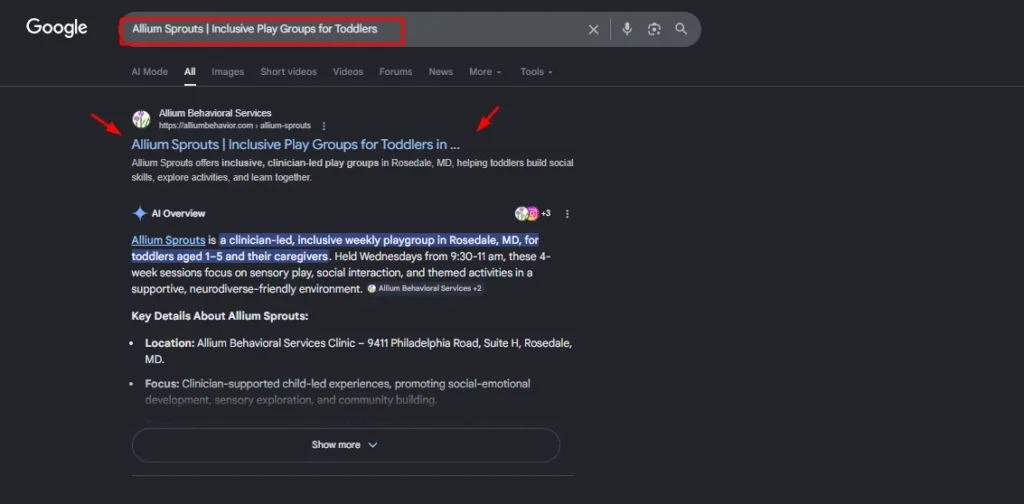 Google search results for "Allium Sprouts Inclusive Play Groups for Toddlers" featuring an AI Overview and the Allium Behavioral Services website ranking in Rosedale, MD.