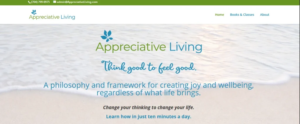 Appreciative Living homepage banner featuring the slogan "Think good to feel good" over a serene beach background.