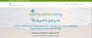 Appreciative Living homepage banner featuring the slogan "Think good to feel good" over a serene beach background.