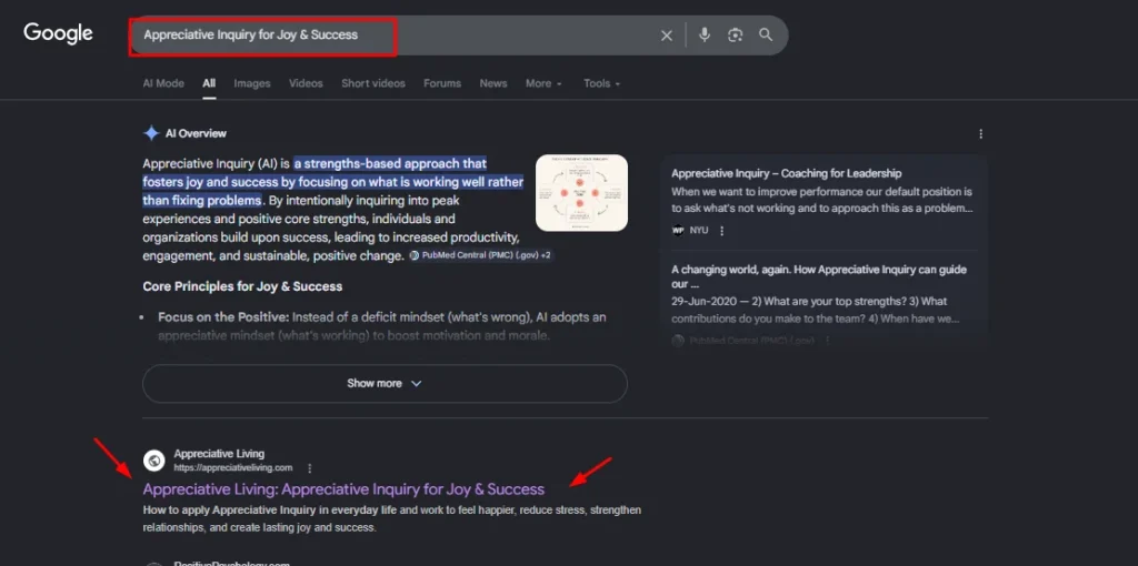 Google search results for "Appreciative Inquiry for Joy & Success" showing Appreciative Living as a top organic ranking with an AI Overview summary.
