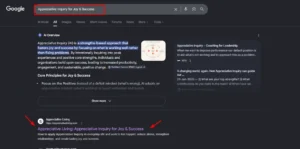Google search results for "Appreciative Inquiry for Joy & Success" showing Appreciative Living as a top organic ranking with an AI Overview summary.