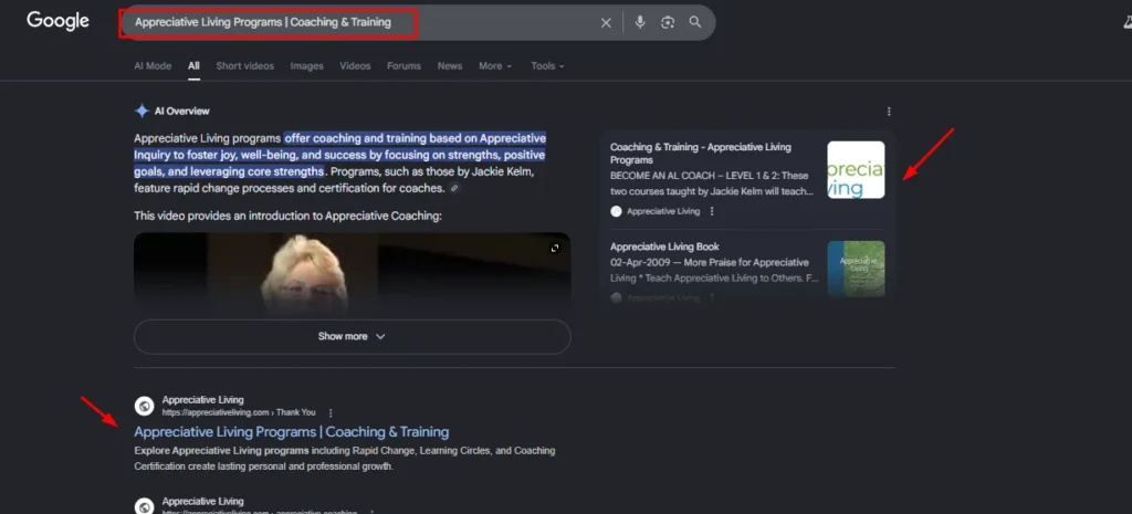 Google Search results for "Appreciative Living Programs | Coaching & Training" featuring an AI Overview and the Appreciative Living website as the top organic result.