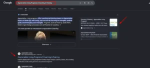 Google Search results for "Appreciative Living Programs | Coaching & Training" featuring an AI Overview and the Appreciative Living website as the top organic result.