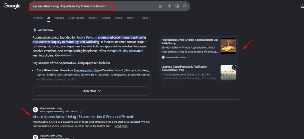 Google search results for "Appreciative Living | Experts in Joy & Personal Growth" showing the brand's About page as the top organic ranking with an AI Overview snippet.