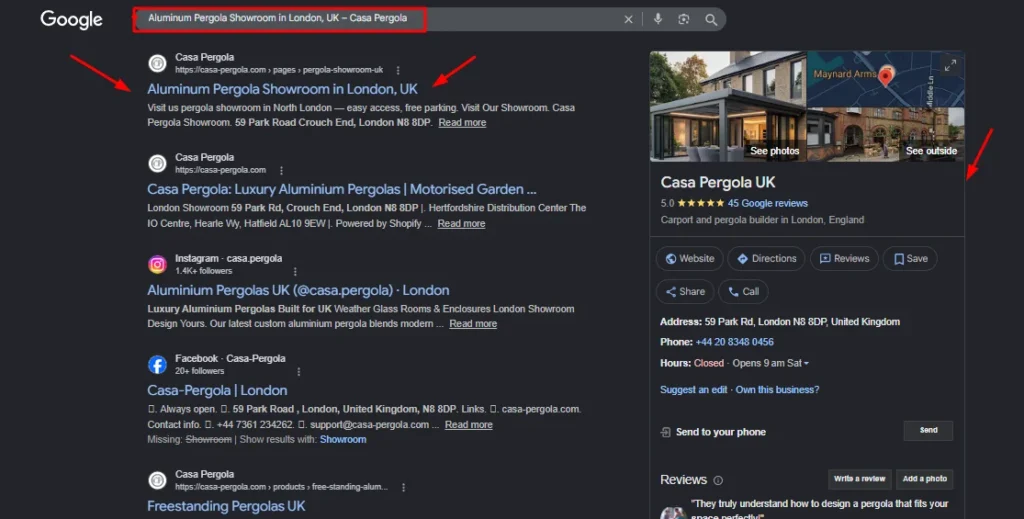 Google search results for 'Aluminum Pergola Showroom in London, UK' featuring Casa Pergola website ranking and Google Business Profile.