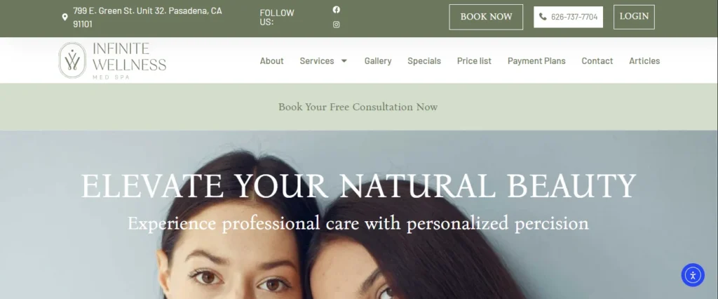 Infinite Wellness Med Spa Pasadena website banner featuring two women with clear skin and the headline Elevate Your Natural Beauty.