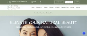 Infinite Wellness Med Spa Pasadena website banner featuring two women with clear skin and the headline Elevate Your Natural Beauty.