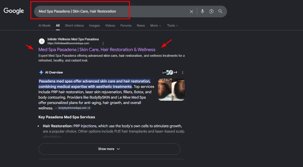 Google search results for Med Spa Pasadena showing Infinite Wellness Med Spa as a top organic result and an AI Overview for skin care and hair restoration.