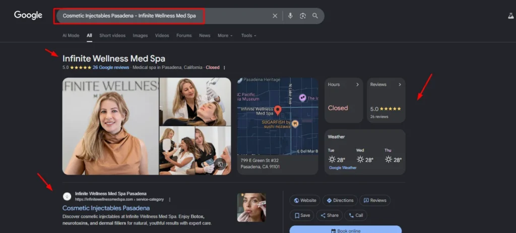 Google search results for Cosmetic Injectables Pasadena showing Infinite Wellness Med Spa with a 5-star rating and top organic ranking.