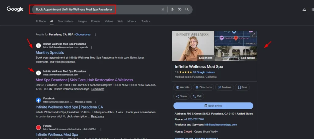 Google search results for Book Appointment Infinite Wellness Med Spa Pasadena showing top organic rankings and a detailed Google Business Profile.